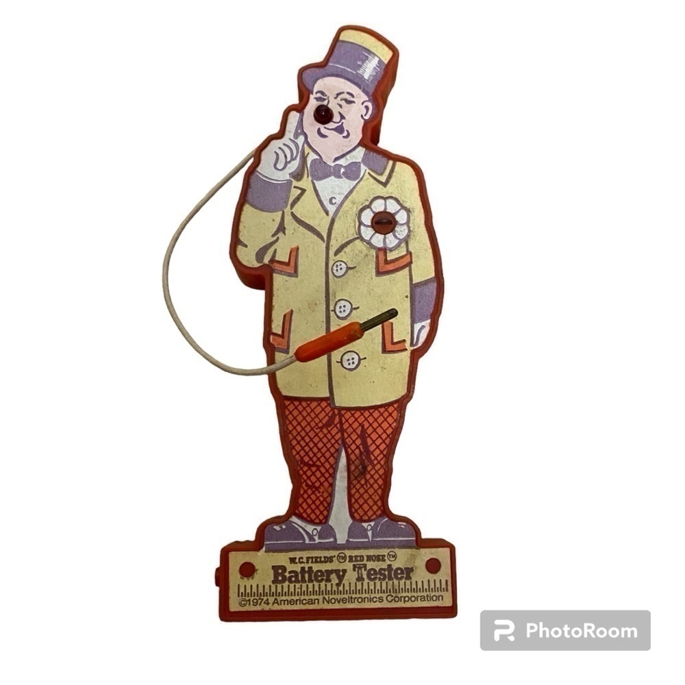 Vintage WC Fields Red Nosed Battery Tester 1974 Clown Yellow Red